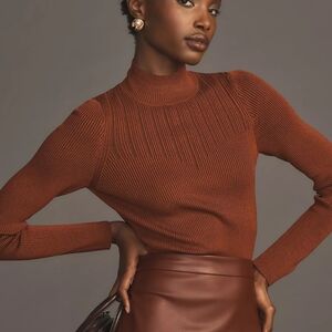 Anthropologie Brown Corset Mock Neck Stretch Fitted Knit Ribbed Sweater SZ Small